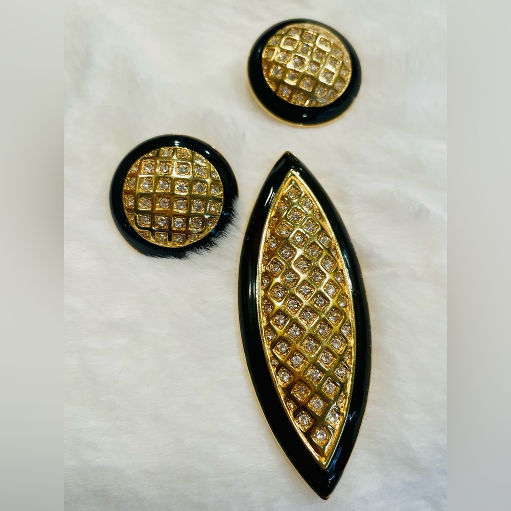 Rare Vintage Monet Black and Gold Enamel Brooch and Earrings Set